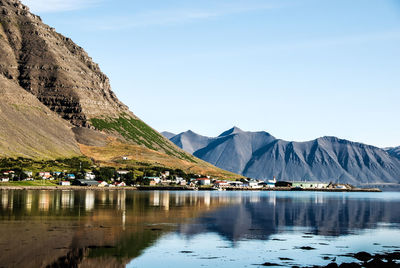 Scenic view of lake and mountains against clear sky