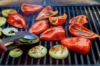 High angle view of vegetables on barbecue grill