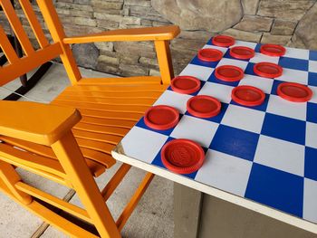 Close-up of board game on porch