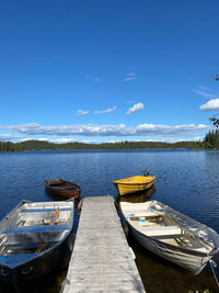 Boats moored in lake against blue sky