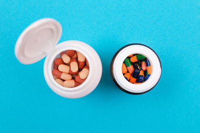 High angle view of candies on table