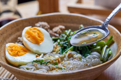 Close-up of breakfast served on table