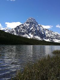 Scenic view of lake and snowcapped mountains against sky