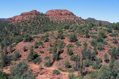 Scenic view of mountains against clear blue sky