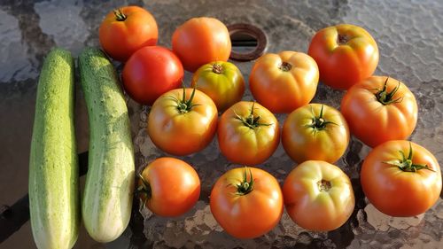 High angle view of tomatoes on table