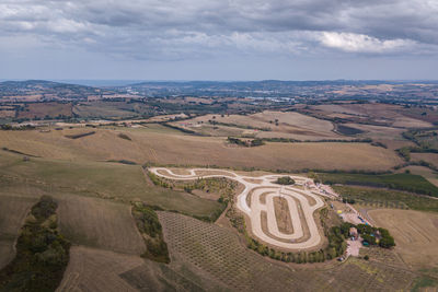 High angle view of agricultural field against sky