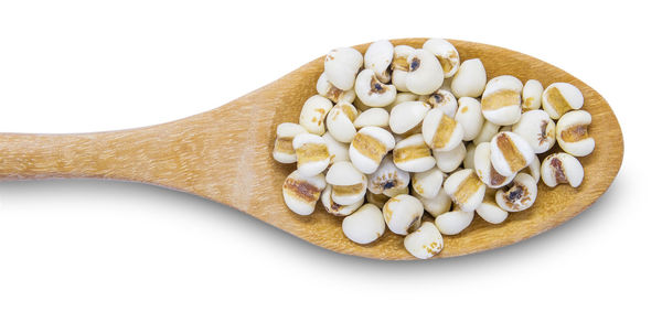 Directly above shot of bread in plate against white background