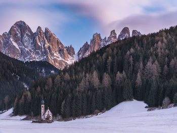 Scenic view of snow covered mountains against sky