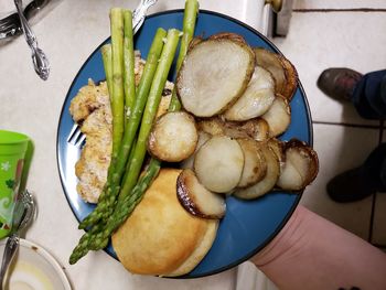 High angle view of food in plate on table