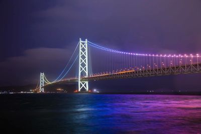 Illuminated suspension bridge over sea