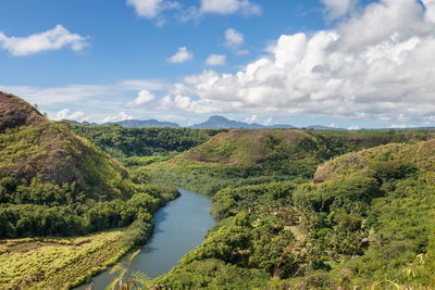 Scenic view of river amidst green landscape against sky