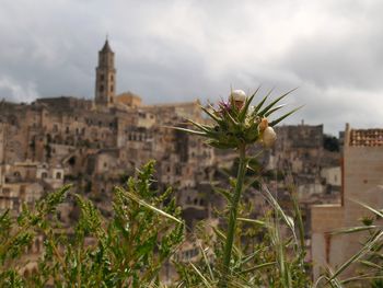 Buildings in city against cloudy sky