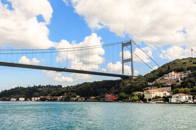 Bridge over bosporus by buildings in city against sky