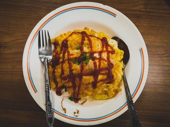 High angle view of food in plate on table