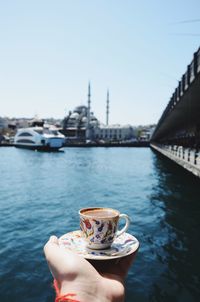 Cropped image of person holding tea cup by sea