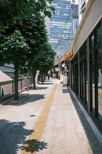 Empty sidewalk by buildings in city