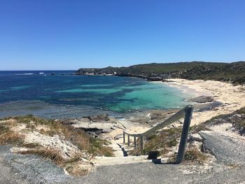 Scenic view of sea against clear blue sky