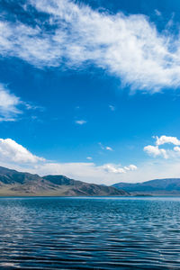 Scenic view of lake against blue sky during sunny day