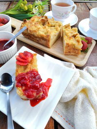 High angle view of breakfast served on table