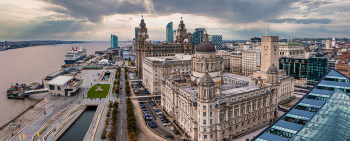 Aerial view of the modern architecture in liverpool, uk.