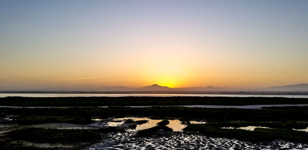 Scenic view of sea against clear sky during sunset