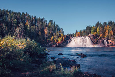 Scenic view of waterfall in forest against clear sky