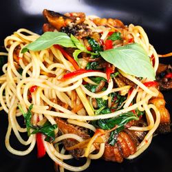 High angle view of noodles in bowl