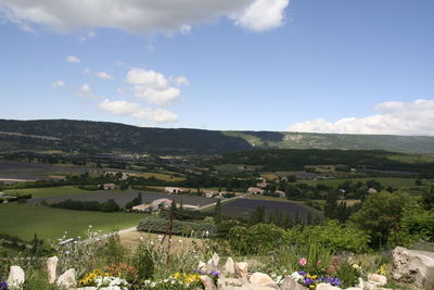 High angle view of buildings against sky