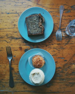 High angle view of food served on table