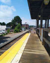 Railroad tracks by trees against sky