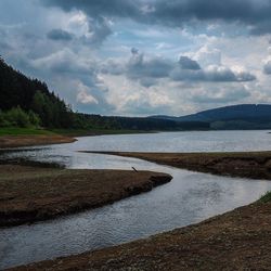 Scenic view of lake against cloudy sky