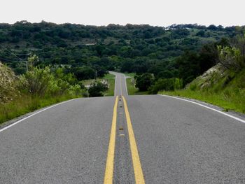 Surface level of road by trees against sky