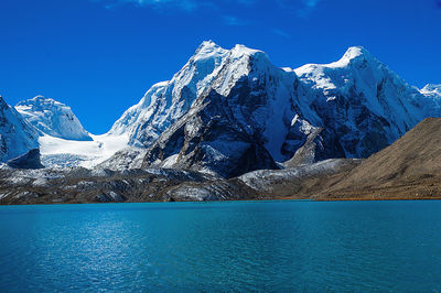 Scenic view of snowcapped mountains against blue sky