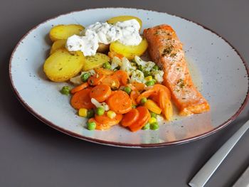 High angle view of food served in plate