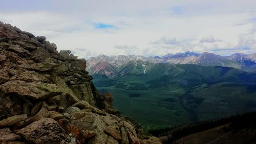 Scenic view of mountains against cloudy sky