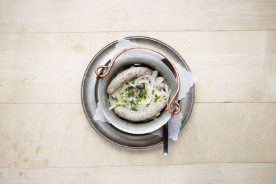 High angle view of bread in bowl on table