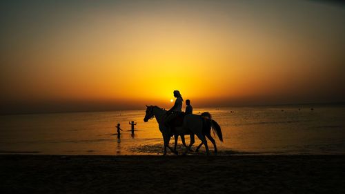 Silhouette riding horse in sea against sunset sky