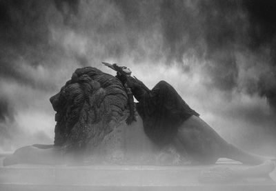 View of bird on rock against sky