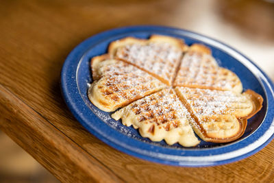 High angle view of breakfast in plate on table