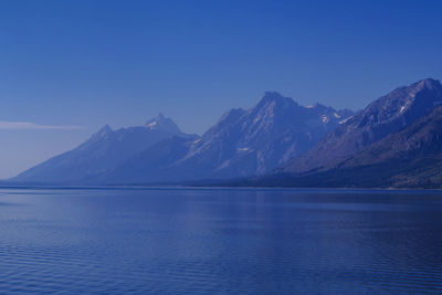 Scenic view of lake and mountains against clear blue sky