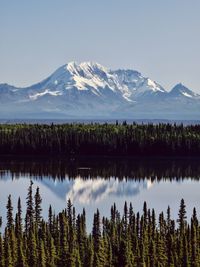 Scenic view of lake and mountains against sky