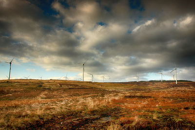 Wind turbines on field against sky