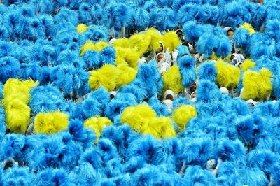 High angle view of people holding pom-poms while standing on street