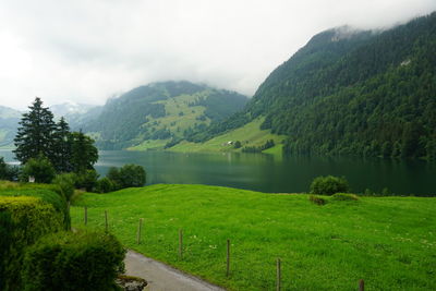 Scenic view of lake by mountains against sky