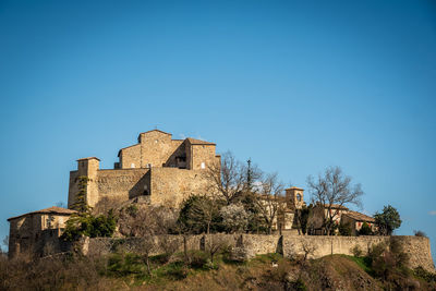 Low angle view of old building against clear blue sky
