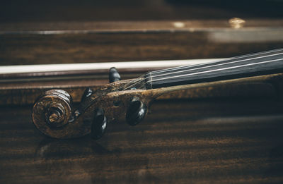 High angle view of violin on table