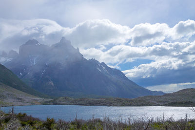 Scenic view of lake and mountains against sky