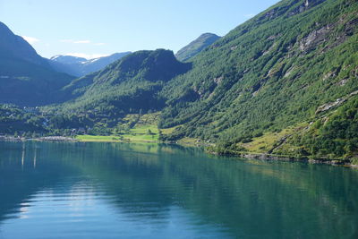 Scenic view of lake and mountains against sky