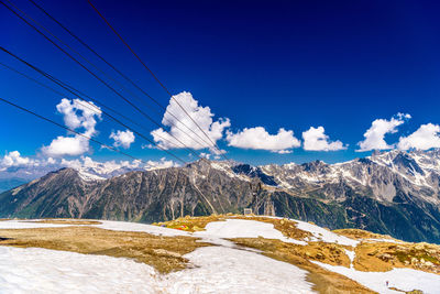 Scenic view of snowcapped mountains against blue sky