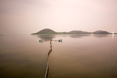 Scenic view of lake against clear sky during sunset